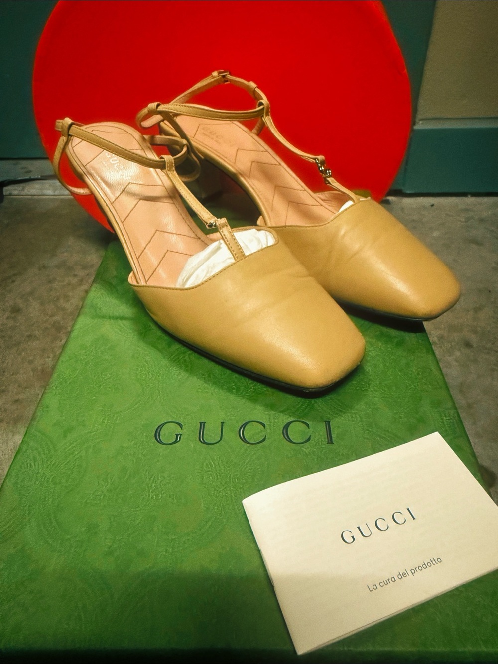 Gucci Tan Leather T-Strap Slingback Pumps